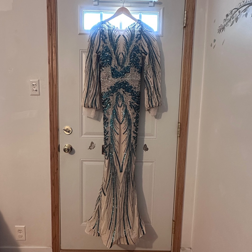 Sheer Illusion  Prom Dress  with Teal Sequin Accents